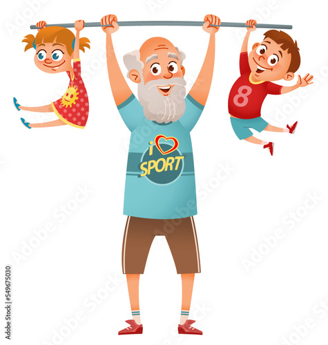 Funny bearded grandpa loves sports and lifts children like a barbell. Happy family and healthy lifestyle concept. Cartoon vector illustration. Isolated on white background.
