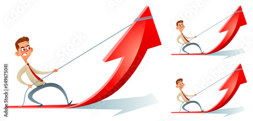 Set of cartoon businessman with different facial expressions pulling arrow graph with rope and making it raise up. Anti crisis strategy business concept. Vector illustration. Isolated on white.