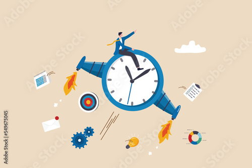 Improve productivity or efficiency, time management to finish within deadline, performance improvement or success concept, businessman riding fast flying clock with jetpack  increasing productivity.