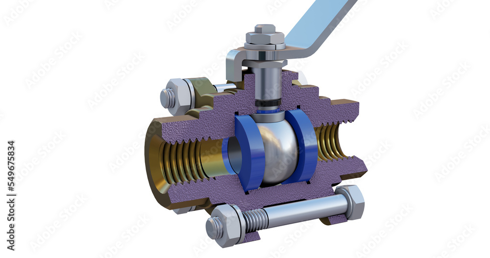 Ball valve with a cross-sectional view showing internal seals, seat ring, stem and more Ball valve with a cross-sectional view showing internal seals, seat ring, stem and more