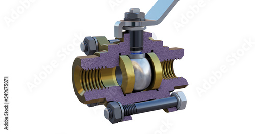 Ball valve with a cross-sectional view showing internal seals, seat ring, stem and more