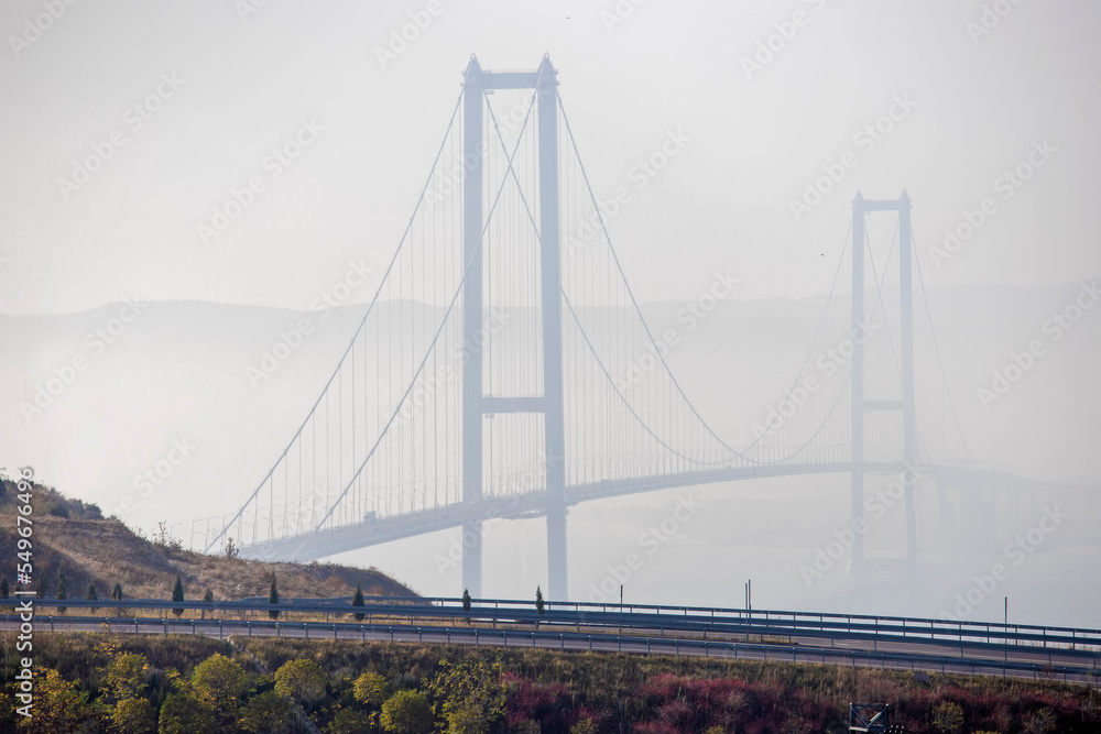 Fototapeta premium Osmangazi Bridge in foggy weather.Turkey.