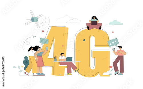 Concept high speed internet. 4G. People with smartphone, laptop, tablet and phone at cityscape telecommunication tower. Vector flat illustration © Tanya Selez