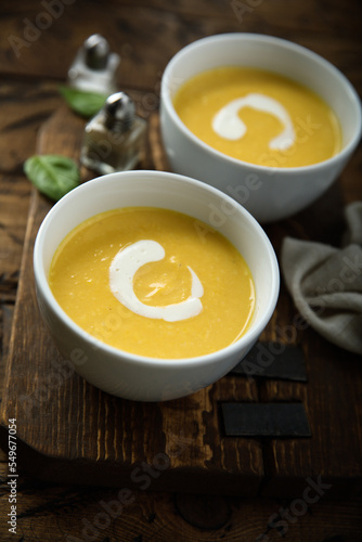 Traditional pumpkin soup with cream