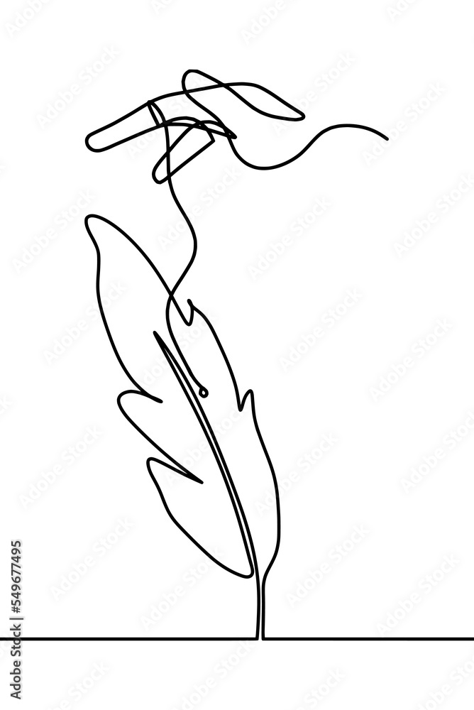 Silhouette of abstract feather with hand as line drawing on white. Vector