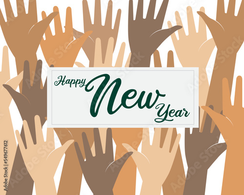 Equality and justice concept in the new year. People of different nationalities raised hands, multicultural celebration. editable vector.
