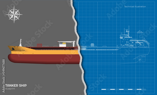 Tanker drawing. 3d cargo ship industrial blueprint. Petroleum boat view top, side and front. Isolated vehicle. Commerce water transport