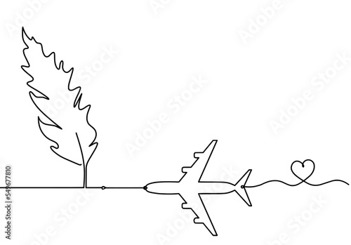Silhouette of abstract feather with plane as line drawing on white. Vector