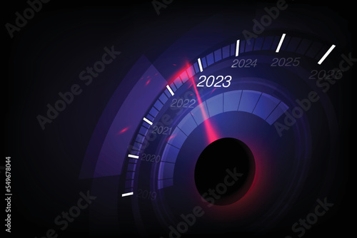 New year 2023 car speedometer, red indicator on black blur background