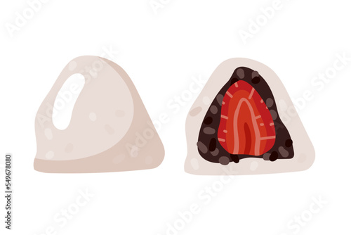 Strawberry Mochi. Strawberry daifuku with red bean paste rice cake. Traditional Japanese dessert. Flat Vector illustration with Healthy sweet snack. Daifuku is Japanese desserts