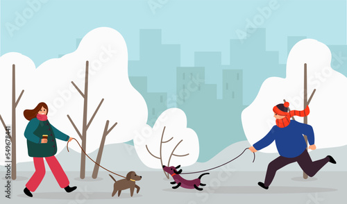 Walk Your Dog Month. People walk their dogs. flat style. vector illustration.
