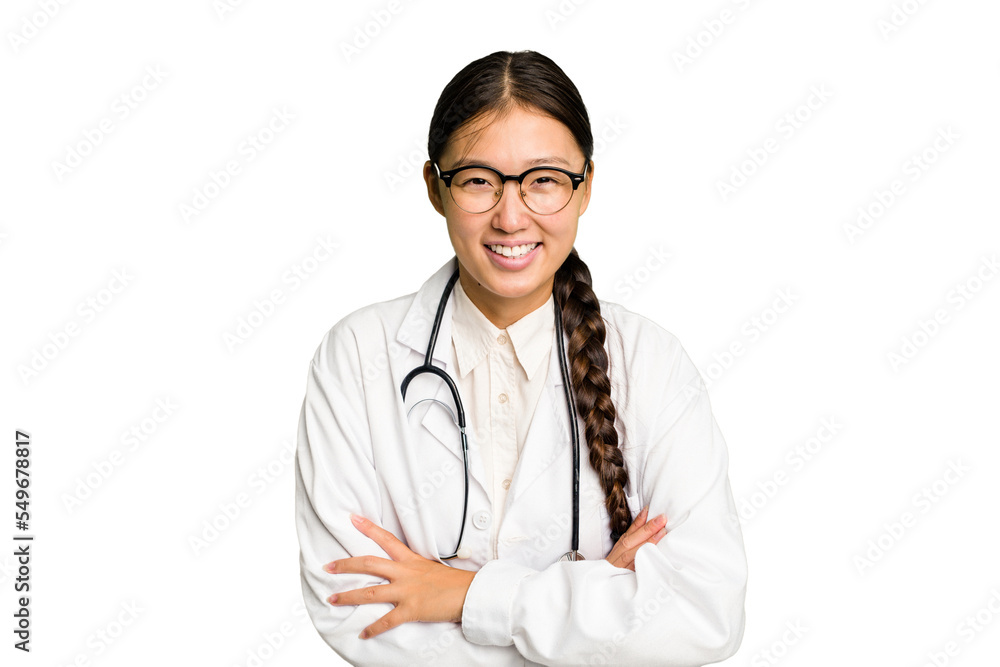 Young doctor asian woman isolated laughing and having fun. Young doctor asian woman isolated laughing and having fun.