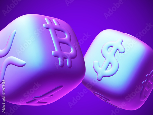 Pink 3D dices with cryptocurrency and fiat currency signs Bitcoin, Litecoin, XRP and Dollar. Concept of blockchain, fortune in crypto investing and stock exchange trading. Vector illustration, EPS 10 photo