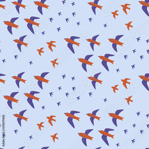 Bird migration seamless pattern. Simple repeat print with retro illustration of birds against blue sky