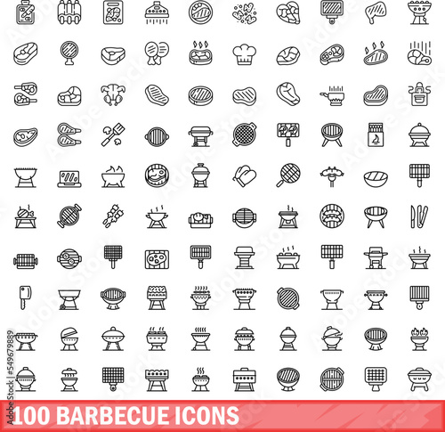 100 barbecue icons set. Outline illustration of 100 barbecue icons vector set isolated on white background