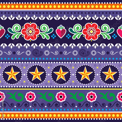 Pakistani and Indian jingle truck vector seamless pattern with hearts, stars and flowers, Diwali folk art colorful ornament
 