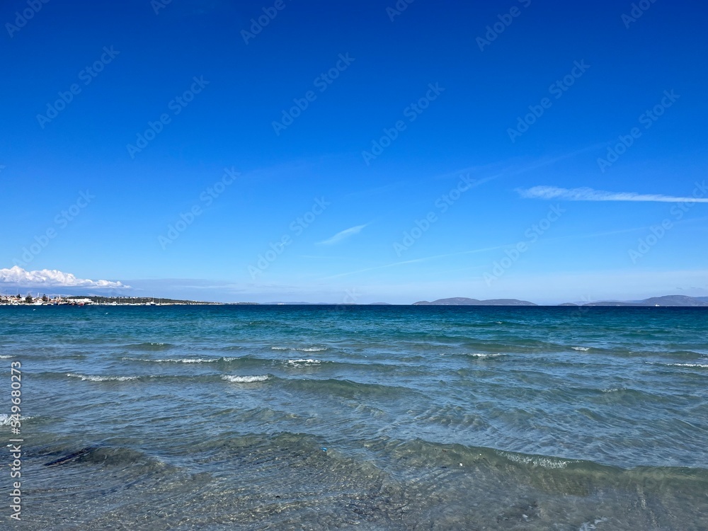 Blue seascape, azure sea surface, sea horizon background