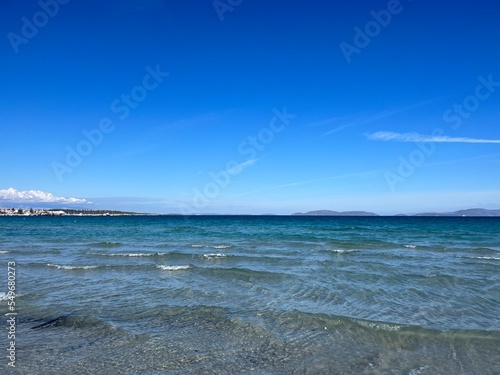 Blue seascape, azure sea surface, sea horizon background