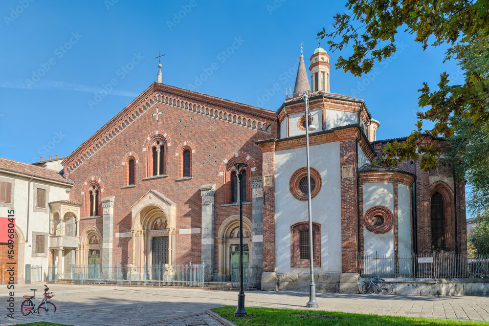 Obraz premium Art and culture in Milan city, Italy. Basilica of Sant'Eustorgio, square Sant'Eustorgio. Founded in Roman times in the 4th century and completed in the 16th century 