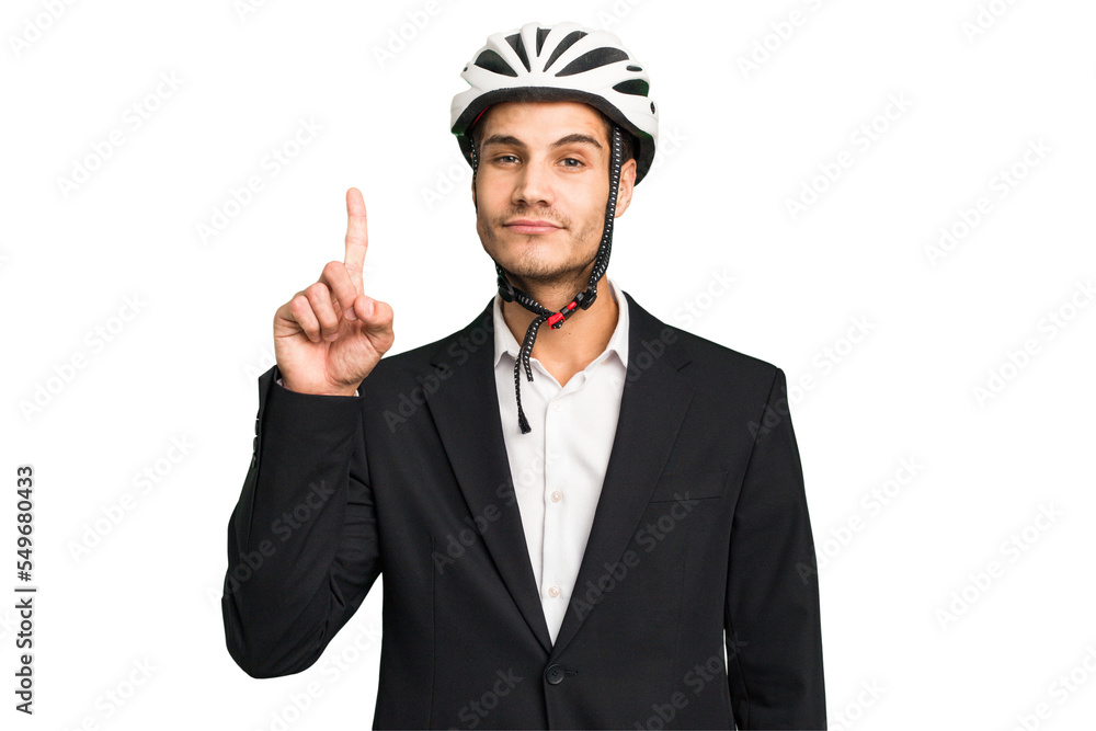 Business Caucasian man wearing a bike helmet isolated showing number one with finger. Business Caucasian man wearing a bike helmet isolated showing number one with finger.