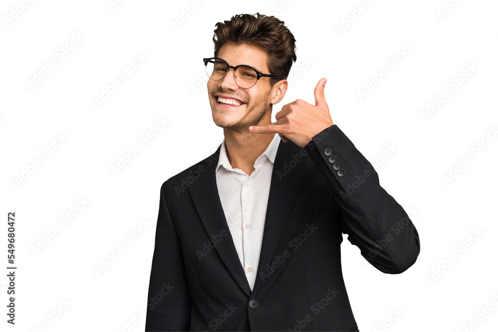 Young caucasian business man isolated showing a mobile phone call gesture with fingers. Young caucasian business man isolated showing a mobile phone call gesture with fingers.