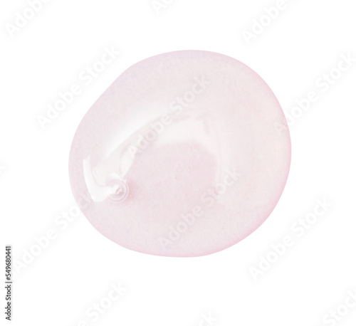 Serum gel drops. Clear pink liquid skincare product texture with bubbles. Cosmetic swatches isolated on white background