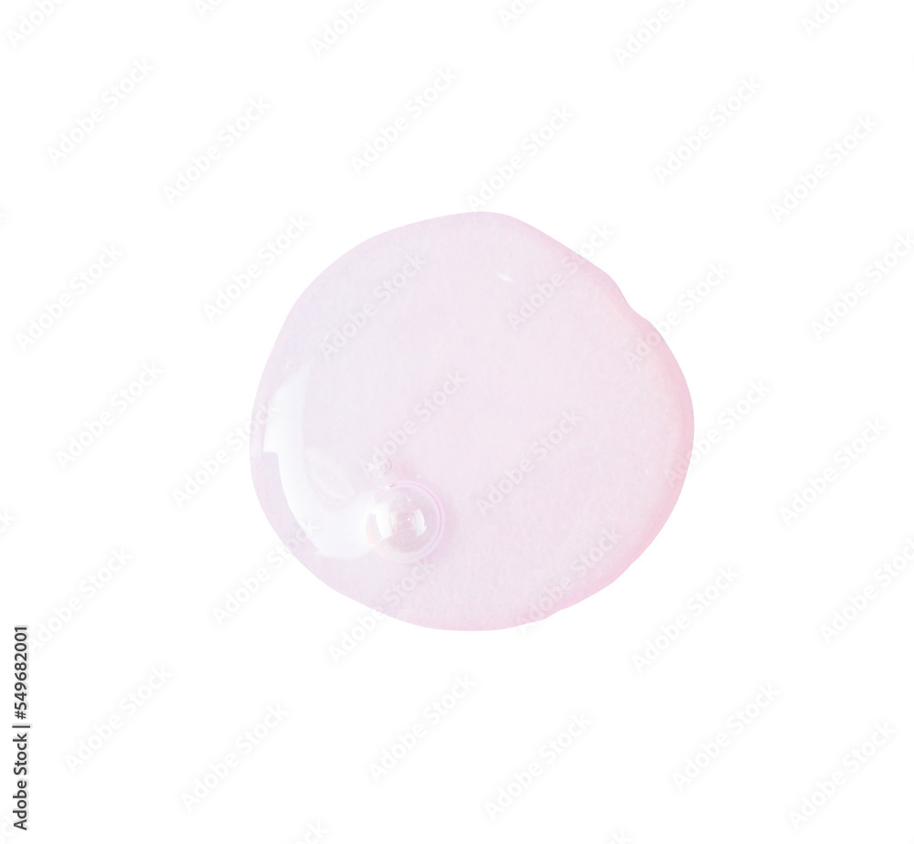 Serum gel drops. Clear pink liquid skincare product texture with bubbles. Cosmetic swatches isolated on white background Serum gel drops. Clear pink liquid skincare product texture with bubbles. Cosmetic swatches isolated on white background