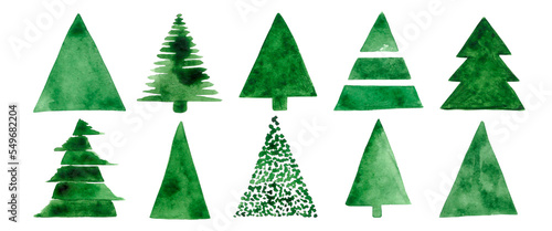Watercolor illustration of many small Christmas trees with different designs.
