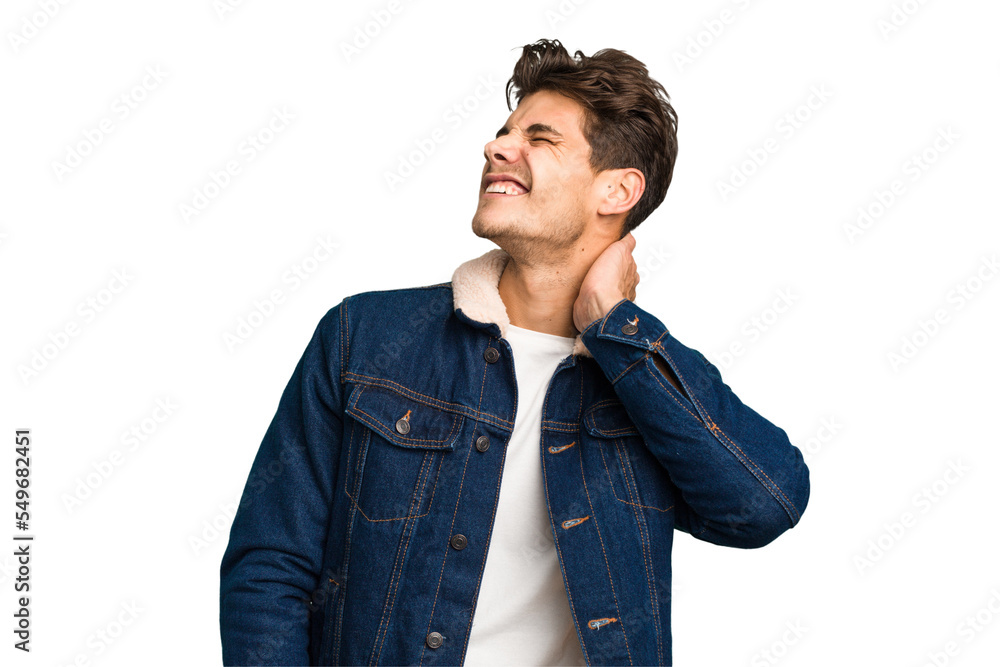 Young caucasian handsome man isolated suffering neck pain due to sedentary lifestyle. Young caucasian handsome man isolated suffering neck pain due to sedentary lifestyle.