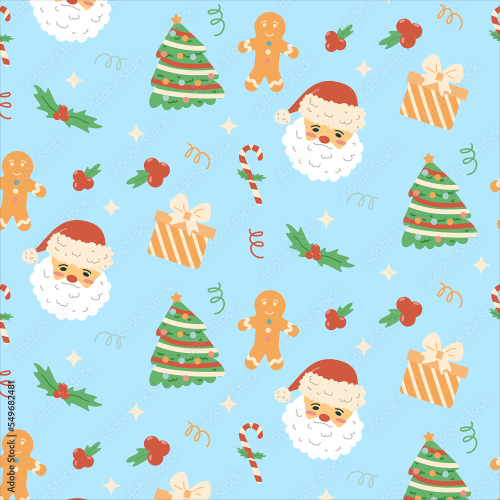 Christmas seamless patern with Santa, in cartoon style, in warm colors on a deeb burgundy background.