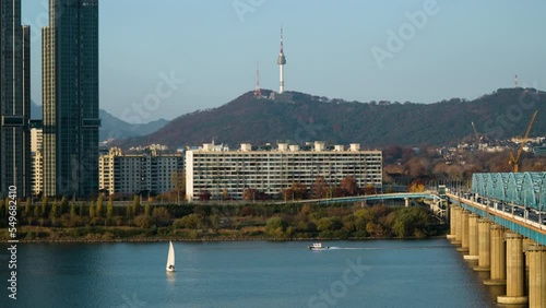 Aerial Zoom In on N Seoul Tower from Dongjak Bridge Over Han River photo