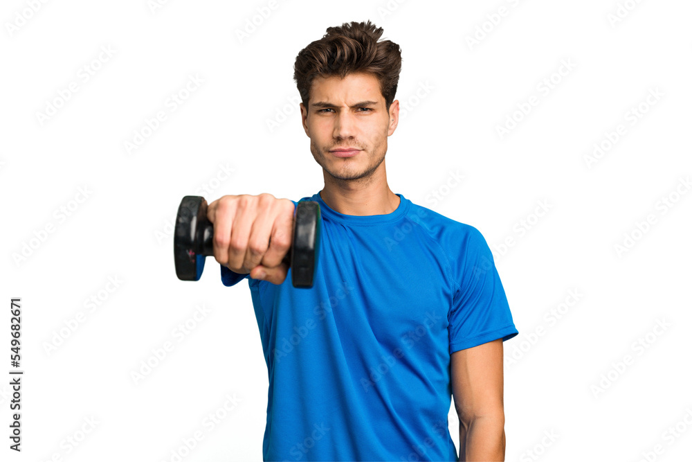 Young sport caucasian man training with weights isolated Young sport caucasian man training with weights isolated
