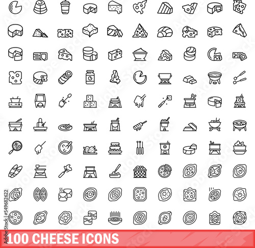 100 cheese icons set. Outline illustration of 100 cheese icons vector set isolated on white background