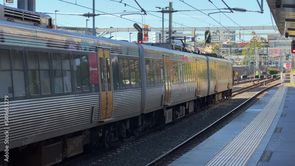 Translink railway train Caboolture line departing the platform at Milton station, Brisbane city, Queensland, Australia. Translink railway train Caboolture line departing the platform at Milton station, Brisbane city, Queensland, Australia.
