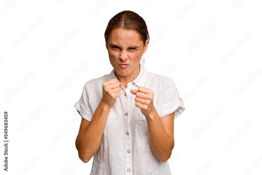 Young caucasian woman isolated showing fist to camera, aggressive facial expression. Young caucasian woman isolated showing fist to camera, aggressive facial expression.