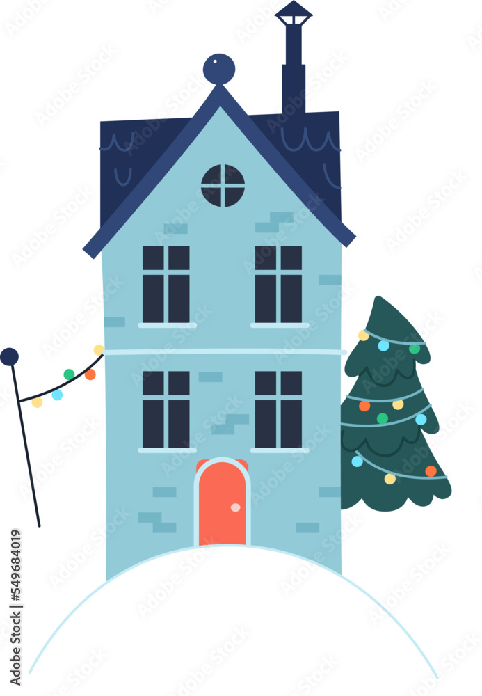 House flat icon Winter home decor with Christmas tree