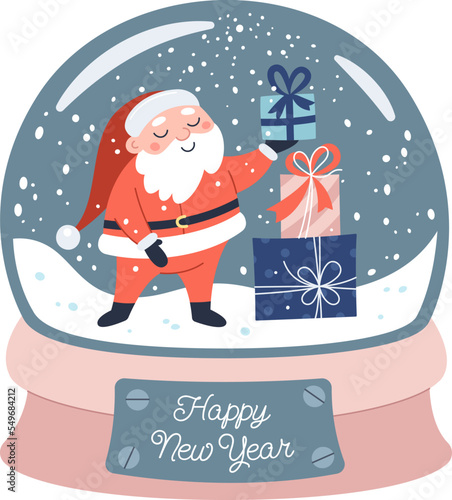Santa Clause and presents inside snow globe flat icon
