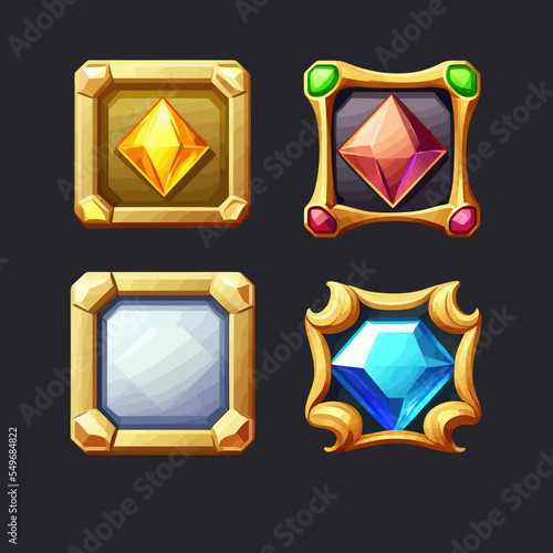 Precious stones in gold and silver frames in medieval style. Cartoon round user interface avatar border, icons of mobile game assets. Frames with colorful gemstones. Vector illustration