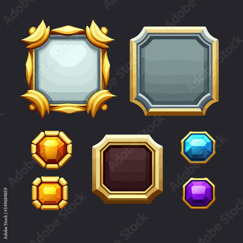 Precious stones in gold and silver frames in medieval style. Cartoon round user interface avatar border, icons of mobile game assets. Frames with colorful gemstones. Vector illustration