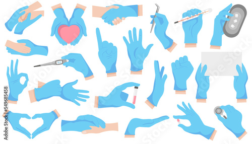 Medical gloves flat icons set. Medical personal protective equipment. Doctors and patient hands. Thermometer, test tube and pills. Color isolated illustrations