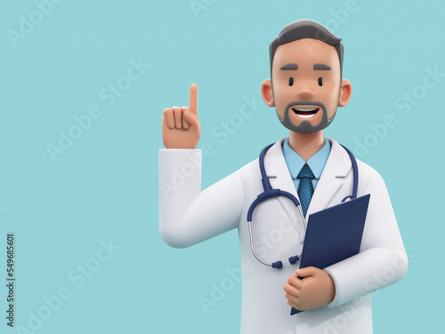 Cartoon doctor character pointing index finger up. Male medic specialist with stethoscope in doctor uniform. Medical concept. 3d rendering