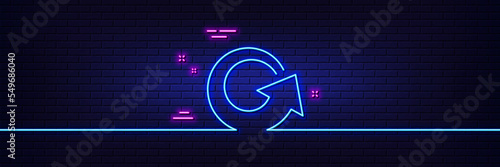 Neon light glow effect. Reload arrow line icon. Update Arrowhead symbol. Navigation pointer sign. 3d line neon glow icon. Brick wall banner. Reload outline. Vector