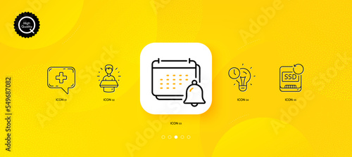 Medical chat, Recovery ssd and Time management minimal line icons. Yellow abstract background. Notification, Brand ambassador icons. For web, application, printing. Vector