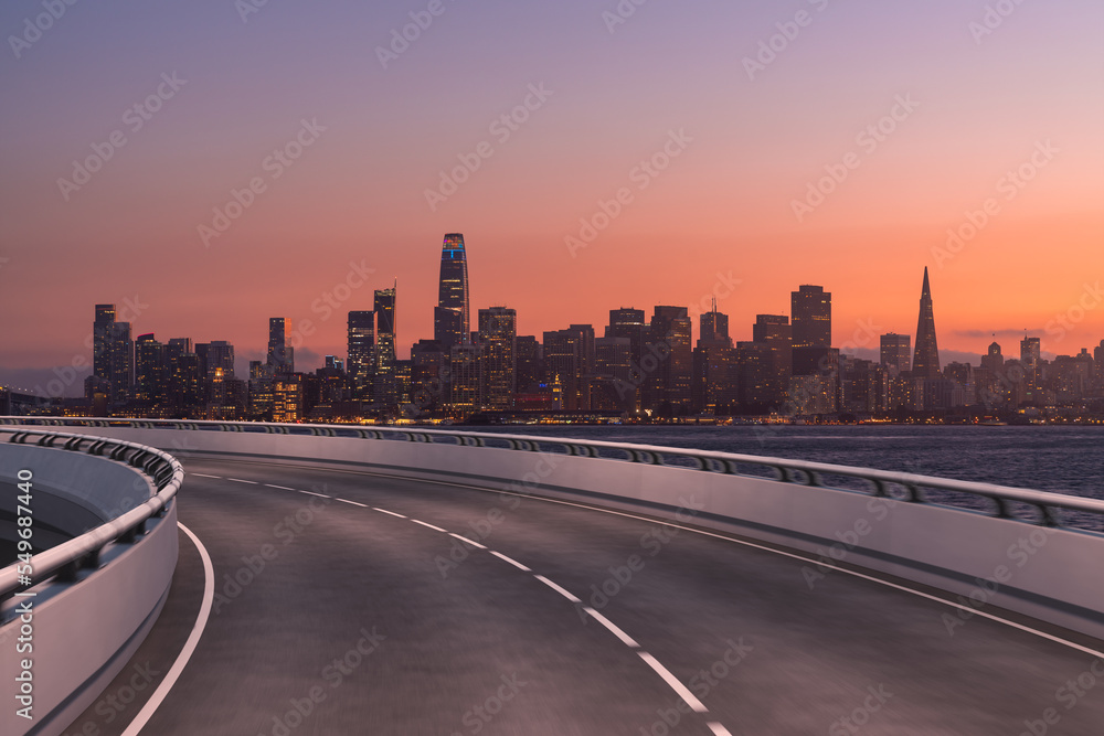 Fototapeta premium Empty urban asphalt road exterior with city buildings background. New modern highway concrete construction. Concept way to success. Transportation logistic industry fast delivery. San Francisco. USA.