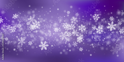 White heavy snowflakes background. Winter dust freeze particles. Snowfall sky white purple illustration. Blurred snowflakes january vector. Snow hurricane scenery.