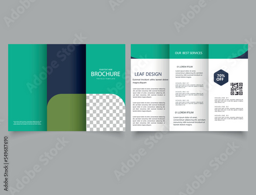Green trifold business brochure template. Advertising leaflet.