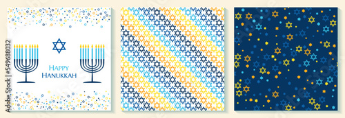 Happy Hanukkah card with nine-branched candelabrum Hanukkah menorah and Star of David Jewish symbol.