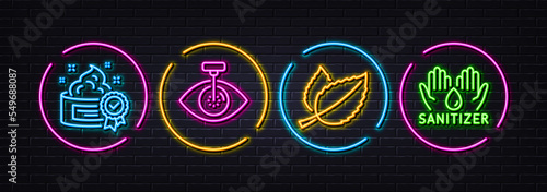 Mint leaves, Eye laser and Cream minimal line icons. Neon laser 3d lights. Hand sanitizer icons. For web, application, printing. Mentha herbal, Optometry clinic, Best lotion. Hygiene care. Vector