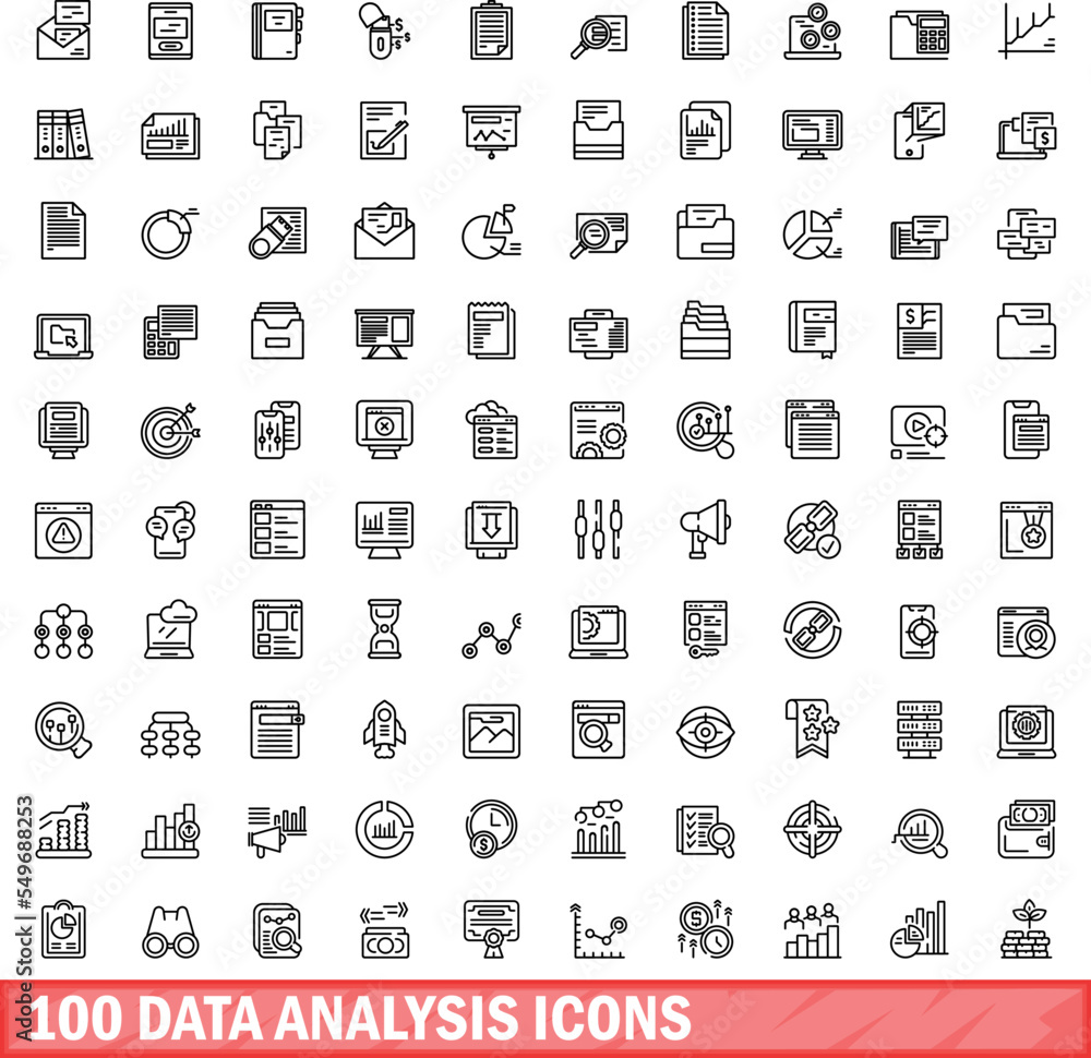 100 data analysis icons set. Outline illustration of 100 data analysis icons vector set isolated on white background