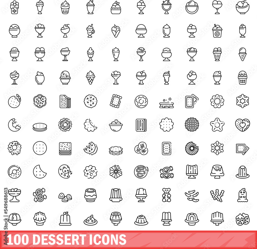 100 dessert icons set. Outline illustration of 100 dessert icons vector set isolated on white background